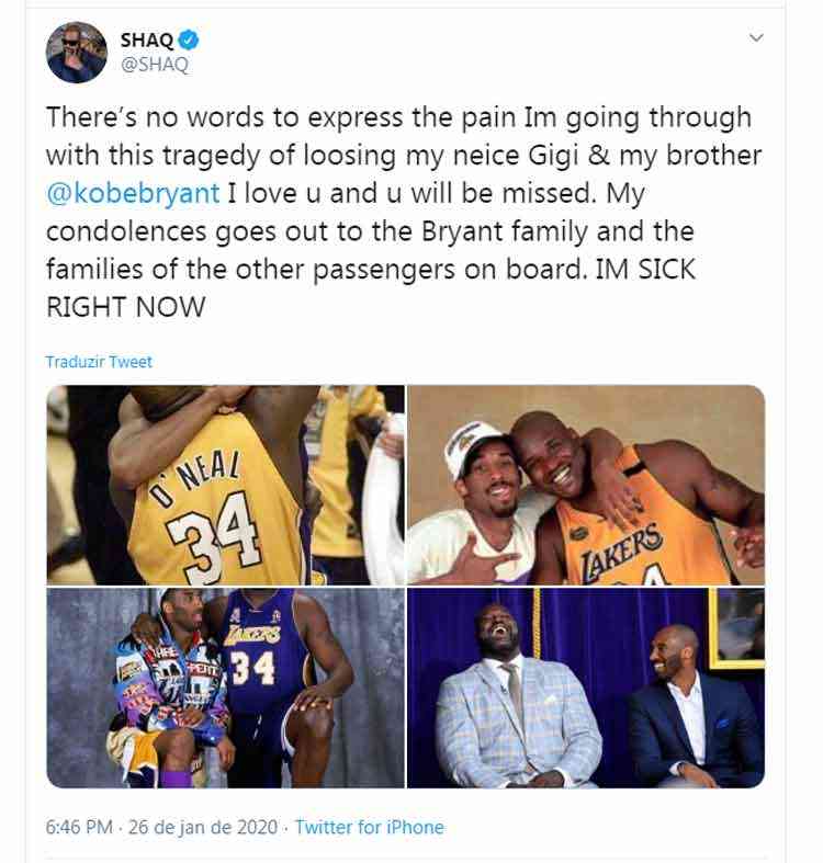 Um dos maiores parceiros de Kobe Bryant, Shaquille O'Neal posta homenagem: 'Te amo'